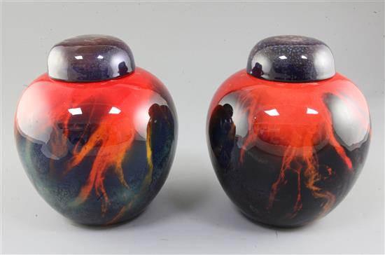 A pair of Royal Doulton Sung ware flambe glaze ginger jar and covers, early 20th century, height 20.5cm